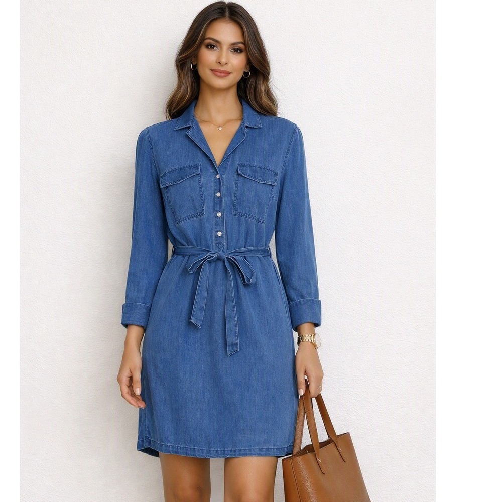 Old Navy Shirt Dress Blue Fortune Tencel Lyocell Utility Tie Waist Work CasualS